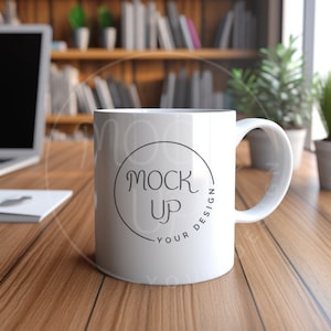 May include: White ceramic mug with a black circle and the text "Mock Up Your Design" on a wooden table.