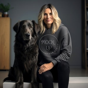 Charcoal Gildan 18500 Sweatshirt Mockup: Woman with Dog (Digital Download)