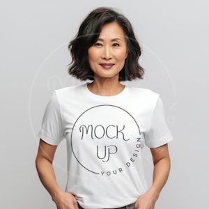 Senior Asian Woman Bella Canvas 3001 White T-Shirt Mockup (Digital Download)