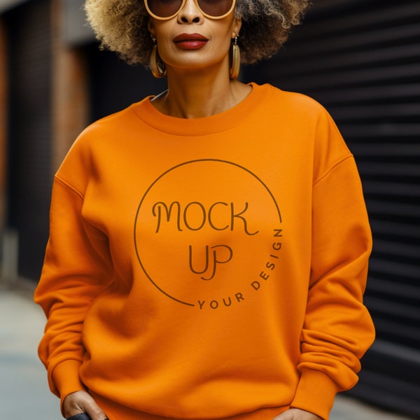 Senior Black Woman Safety Orange Gildan 18000 Mockup Gildan 18000 Safety Orange Mockup 18000 Mockup Safety Orange Sweatshirt Mockup Safety