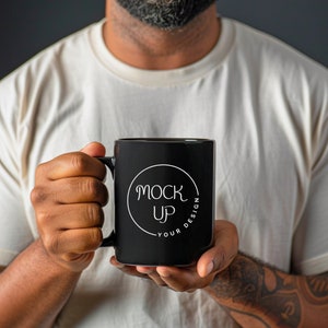 Black Coffee Mug Mockup: Bearded Man Holding Mug (Digital Download)