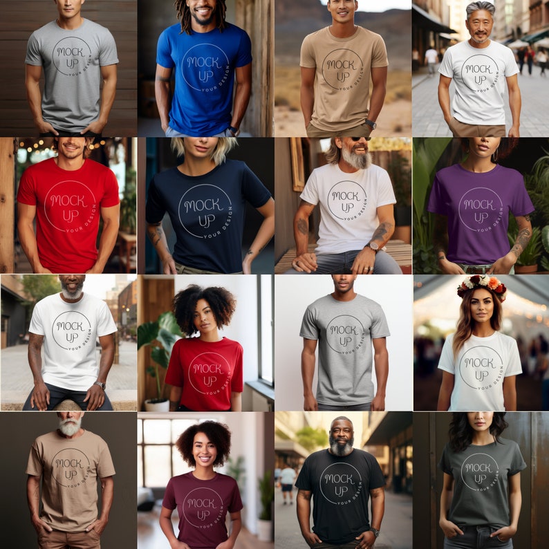 Puede incluir: Un collage de 16 personas diferentes que llevan camisetas con el texto "MOCK UP" en un c&iacute;rculo. Las camisetas son de varios colores, incluyendo gris, azul, beige, rojo, negro, blanco, morado y verde.