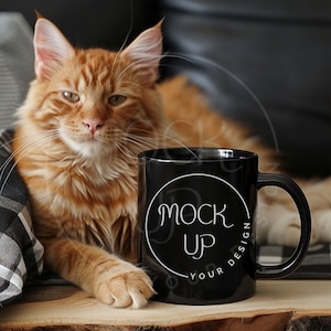 Peut inclure: Une tasse en c&eacute;ramique noire avec un cercle blanc et le texte "Mock Up Your Design" sur une surface en bois. Un chat roux est assis &agrave; c&ocirc;t&eacute; de la tasse.