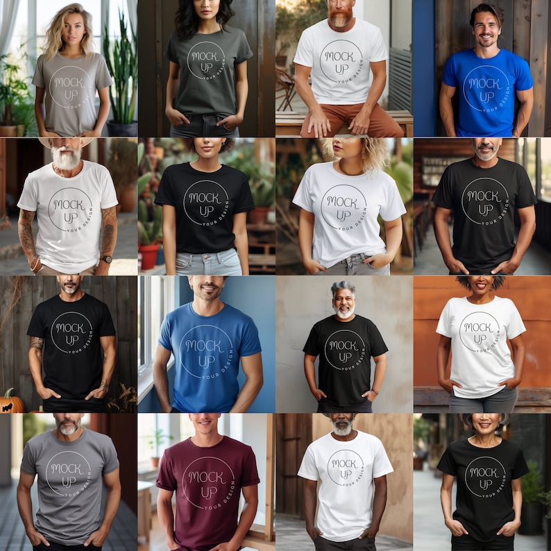 Puede incluir: Un collage de 12 personas diferentes que llevan camisetas con el texto "MOCK UP" en un c&iacute;rculo. Las camisetas son de varios colores, incluyendo blanco, negro, gris, azul, rojo y verde.