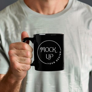 Black Coffee Mug Mockup: Bearded Man Holding Mug (Digital Download)