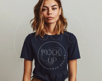 Woman Navy Gildan 64000 T-Shirt Mockup (Digital Download)