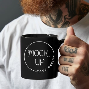 Black Coffee Mug Mockup: Bearded Man Holding Mug (Digital Download)