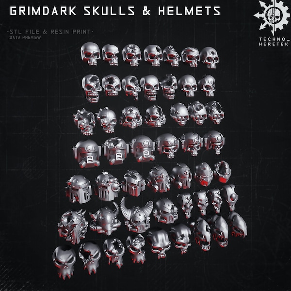 Grimdark-skallar och skadade hjälmar Set (51x) - Resin 3D-tryck | för bordsspel