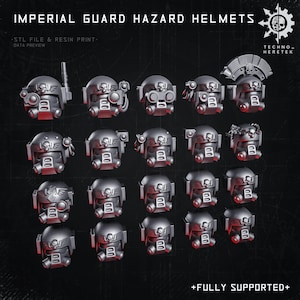 Puede incluir: Una colección de cascos Imperial Guard Hazard en varios diseños. Los cascos son grises y presentan detalles como viseras, dispositivos de comunicación y emblemas de calaveras. El texto en la parte superior dice "IMPERIAL GUARD HAZARD HELMETS". La imagen también incluye el texto "STL FILE & RESIN PRINT - DATA PREVIEW".