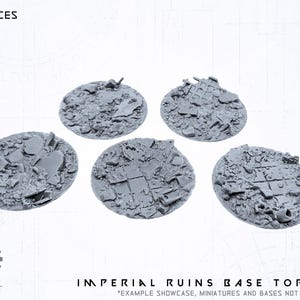May include: Five grey, circular Imperial Ruins Base Toppers, each with a detailed, textured surface depicting a ruined cityscape. The bases are designed for miniature wargaming. The text "5X PIECES SET A" and "IMPERIAL RUINS BASE TOPPER" are visible.