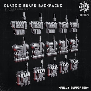 Könnte beinhalten: Eine Sammlung grauer Classic Guard Rucksäcke, 3D-gedruckt. Jeder Rucksack hat ein detailliertes Design mit Antennen, Lüftungsschlitzen und einem Adler-Emblem. Der Text "CLASSIC GUARD BACKPACKS" und "TECHNO-HERETEK" ist sichtbar.