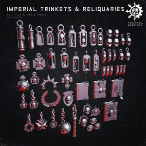 Puede incluir: Una colección de adornos y relicarios imperiales impresos en 3D, que incluyen colgantes de calaveras, cálices y cajas ornamentadas con forma de libro. Los artículos están representados en color gris metálico, con el texto "IMPERIAL TRINKETS & RELIQUARIES" en la parte superior.