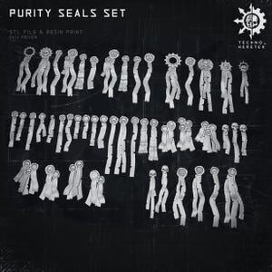 Puede incluir: Un conjunto de sellos de pureza blancos con varios diseños, incluyendo calaveras y engranajes, sobre un fondo oscuro. El texto "PURITY SEALS SET" está en la parte superior, con "-STL FILE & RESIN PRINT- DATA PREVIEW" debajo.
