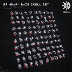 May include: A collection of gray resin skulls in various sizes and orientations. The text "GRIMDARK BASE SKULL SET" is at the top, with "-STL FILE & RESIN PRINT- DATA PREVIEW" below it. The Techno-Heretek logo is in the upper right corner.