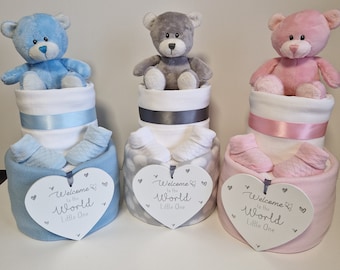 Baby Nappy Cake Hamper: Plush Teddy Bear Newborn Gift