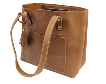 Personalized  Leather Tote Bag, Leather Campus Bag, Weekender Bag, Large Tote with Pocket, Wedding Gift Grocery Bag Diaper Bag Book Bag