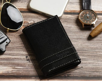 Personalized Trifold Leather Wallet, Anniversary Gift , Engraved Mens Black Wallet Gift, Purse For Boyfriend ,Dad's Birthday Gift For Him