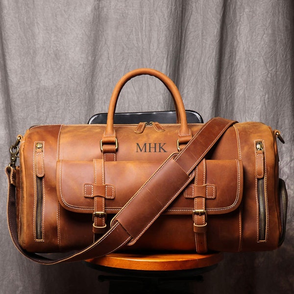 Personalized Leather Duffel Bag, Groomsmen Gifts Valentine Gift Leather Bag Men Gift Handmade Large Weekend Duffle Bag Holidays Travel Bag