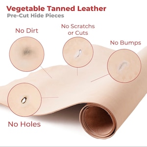 Może przedstawiać: Zwinięty kawałek jasnobeżowej sk&oacute;ry garbowanej roślinnie z tekstem "Vegetable Tanned Leather" i "Pre-Cut Hide Pieces". Obraz podkreśla brak brudu, zadrapań, przecięć, nier&oacute;wności i dziur.