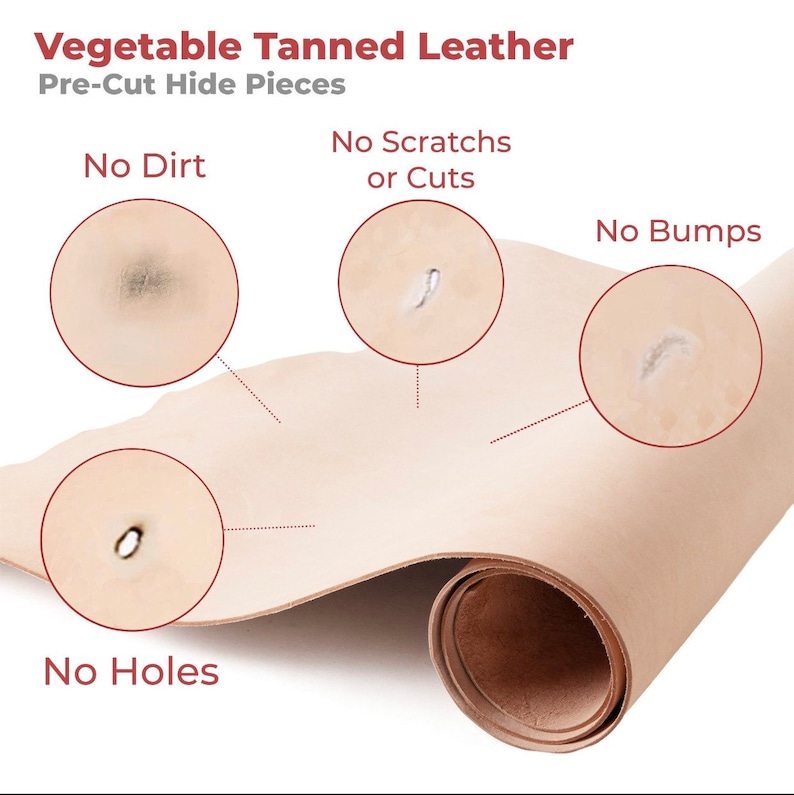 Może przedstawiać: Zwinięty kawałek jasnobeżowej sk&oacute;ry garbowanej roślinnie z tekstem "Vegetable Tanned Leather" i "Pre-Cut Hide Pieces". Obraz podkreśla brak brudu, zadrapań, przecięć, nier&oacute;wności i dziur.
