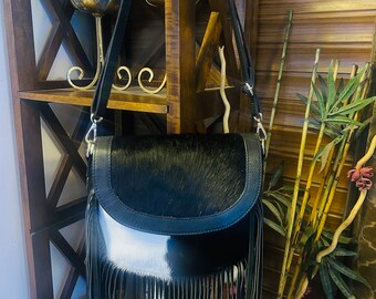 Cowhide leather bag with fringe, Black/ white Hobo shoulder bag, Women’s leather bag, Work and school laptop bag, Hair on shoulder handbag