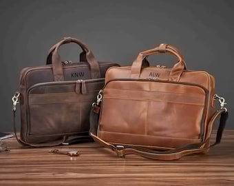 Gepersonaliseerde vintage lederen aktetas, monogram Messenger Bag, aangepaste mannen lederen schoudertas, lederen laptoptas, Vaderdagcadeau hem