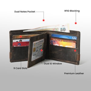 K&ouml;nnte beinhalten: Ge&ouml;ffnete braune Ledergeldb&ouml;rse mit mehreren Kartenf&auml;chern, einem doppelten Ausweisfach und einem doppelten Geldscheinfach. Die Geldb&ouml;rse ist mit "RFID Blocking" und "Premium Leather" gekennzeichnet. Sie enth&auml;lt verschiedene Karten und Bargeld.