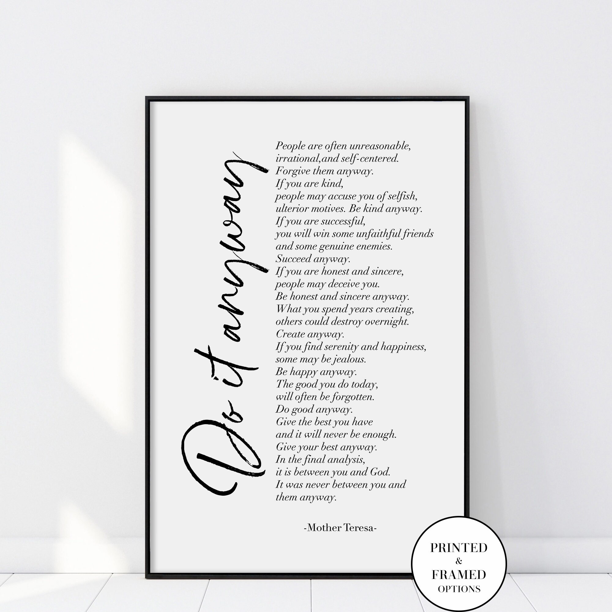 Mother Teresa Quote Di It Anyway Poster Mother Teresa Poem | Etsy