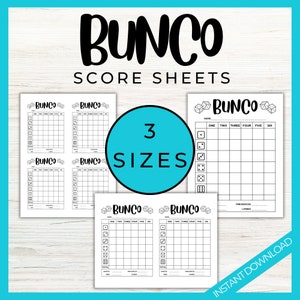 Cartões de pontuação imprimíveis Bunco 3 tamanhos incluídos, folhas de pontuação Bunco, download digital, 4 x folhas de pontuação, 2 x cartões de pontuação, cartão de pontuação em tamanho real