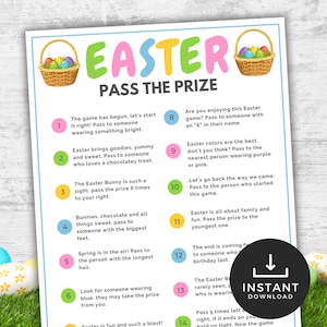 May include: A printable Easter party game with colorful text and illustrations. The game, titled "Easter Pass the Prize," features instructions and a basket of Easter eggs. The words "Instant Download" are also visible.