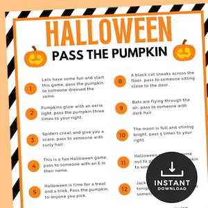 以下が含まれることがあります： 黒と白のストライプとオレンジ色のカボチャが描かれた、印刷可能なハロウィーンゲームカード。カードには、「カボチャを渡す」ゲームの指示が書かれており、12種類の異なるアクションを実行する必要があります。カードのテキストには、「ハロウィーン カボチャを渡す」と書いてあります。