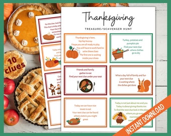 May include: Thanksgiving-themed treasure hunt game with 10 clues. The printable game features colorful illustrations of pumpkins, turkeys, and food. The text reads "Thanksgiving Treasure/Scavenger Hunt" and "Instant Download."