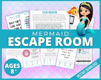 May include: A printable mermaid escape room game suitable for ages 8 and up. The game features a colourful design with a mermaid, a treasure chest, and a compass. The text on the game says "Your Mission", "Mermaid Escape Room", and "Instant Download".