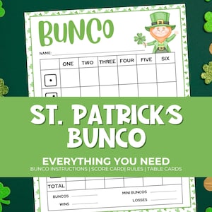 St Patrick's Day Bunco Printable Party Pack and Scorecards, Bunco Game Rules, Tally Sheet, Download, St Patricks Party Game, Dice Game