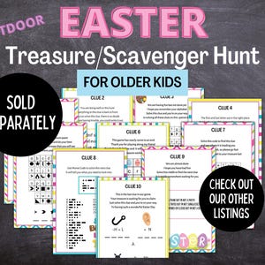 May include: A set of ten colorful printable Easter scavenger hunt clues for older kids. The clues include a variety of puzzles, including a word search, a code, and a maze. The text on the cards reads "Easter Treasure/Scavenger Hunt for Older Kids" and "Sold Separately".