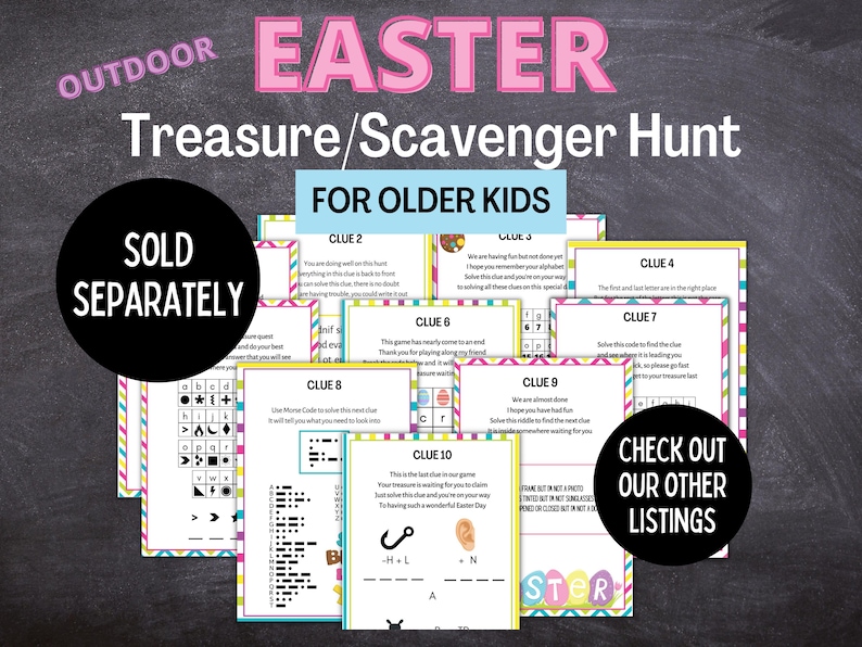May include: A set of ten colorful printable Easter scavenger hunt clues for older kids. The clues include a variety of puzzles, including a word search, a code, and a maze. The text on the cards reads "Easter Treasure/Scavenger Hunt for Older Kids" and "Sold Separately".