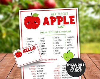 What's your Apple Name-spel, Afdrukbaar Apple-feestspel, Klasspel, Apple-naamkaartjes, Fruitspel, Terug naar school-activiteit, IJsbreker