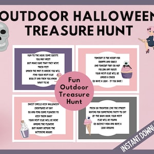 Pistas de búsqueda del tesoro de Halloween al aire libre rosa, búsqueda del tesoro de Halloween, adolescentes y preadolescentes, juegos de fiesta de Halloween