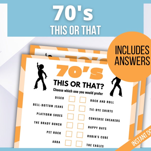 70s This or That Party Game, 1970s Printable Game, Would you Rather, Seventies Party, Back to the 70s, 50th Birthday, 70s Party