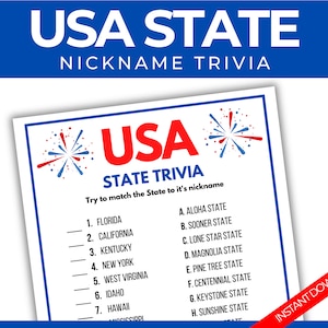 USA State Trivia, Patriotic Match the State Nickname Quiz, Printable Memorial Day Game,Labor Day Classroom Activity, 4th of July Game