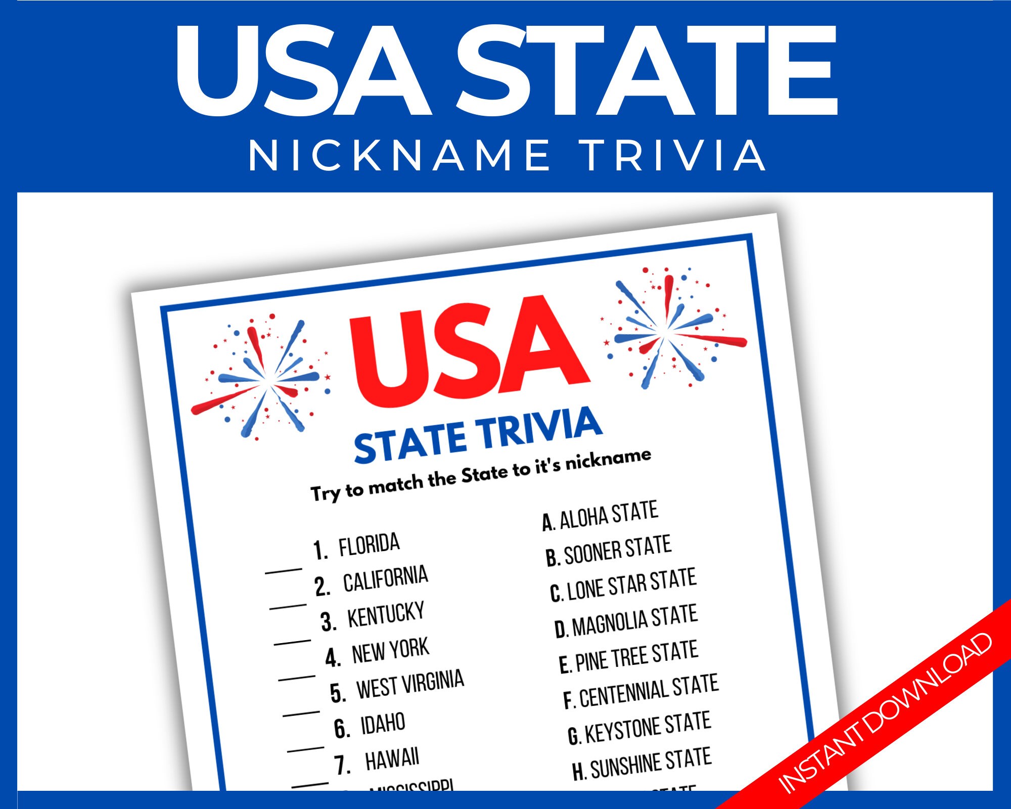 State Trivia Images USA State Trivia, Patriotic Match the State Nickname Quiz, Printable ...