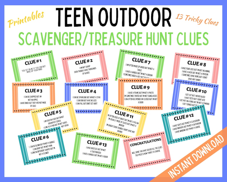 Teen Scavenger Hunt, Treasure Hunt, Outdoor Clues, Teen Clues, Birthday Scavenger Hunt, Birthday Treasure Hunt, Teen Games, Instant Download image 2