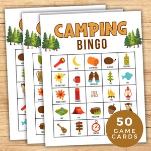 Bingo de acampamento, jogo de grupo, 50 cartões de bingo de jogo de acampamento para impressão, atividade de acampamento de verão, jogo de acampamento, jogo de acampamento para família