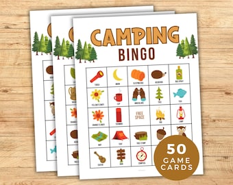 Bingo de camping, jeu de groupe, 50 cartes de bingo de jeu de camp imprimables, activité de camp d'été, jeu de terrain de camping, jeu de camping familial