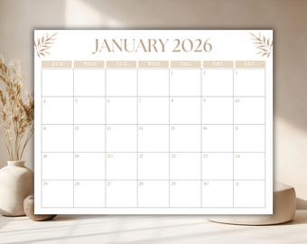 Calendário imprimível de 2026, planejador mensal, calendário de parede mensal minimalista, download digital.