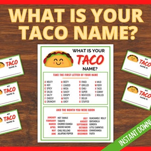 What's your Taco Name, Cinco de Mayo Printable Game, Mexican Fiesta Game for Kids, Tweens and Adults, Fiesta Name Game, Birthday Party Fun