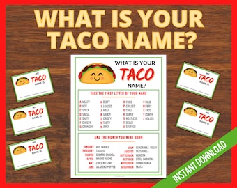 What's your Taco Name, Cinco de Mayo Printable Game, Mexican Fiesta Game for Kids, Tweens and Adults, Fiesta Name Game, Birthday Party Fun