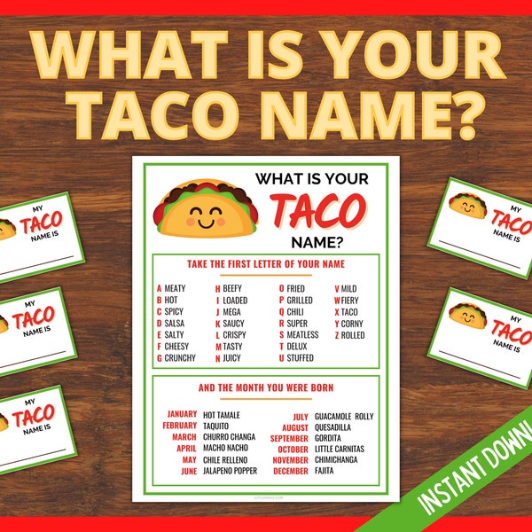 ¿Cuál es tu nombre de taco? Juego imprimible del Cinco de Mayo, Juego de fiesta mexicana para niños, preadolescentes y adultos, Juego de nombres de fiesta, Diversión de fiesta de cumpleaños
