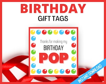 Etiquetas de regalo de cumpleaños imprimibles, gracias por hacer que mi cumpleaños destaque, favores de fiesta de cumpleaños, etiquetas de regalo rojas, etiquetas de regalo cuadradas de 2 pulgadas