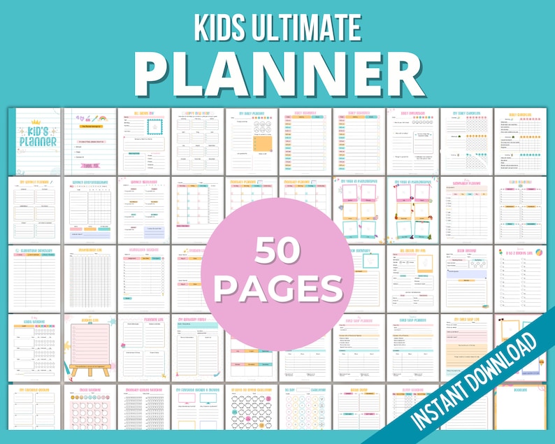 Puede incluir: Un planificador imprimible colorido para ni&ntilde;os con 50 p&aacute;ginas. El planificador incluye secciones para horarios diarios, rutinas semanales, establecimiento de objetivos y m&aacute;s. El planificador est&aacute; dise&ntilde;ado para ayudar a los ni&ntilde;os a mantenerse organizados y en el camino correcto.